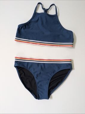 Zella Striped Bikini Navy Rainbow Sportcore Racerback Size 14 EUC